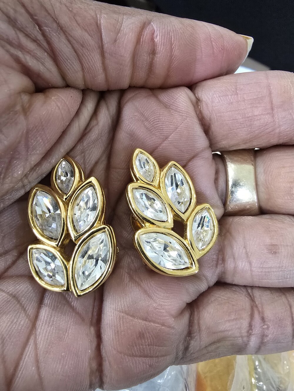 Authentic Gold-Tone Swarovski Clear Crystal Leaf Clip-On Earrings